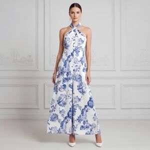 Oscar de la Renta Blue and White Silk Floral Dress